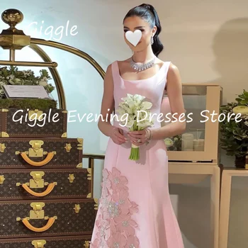 Giggle Satin A-line O-neck Appliques Ruffle Formal Elegant Prom рокля Дължина до глезена Саудитски вечерни парти рокли за жени 2023