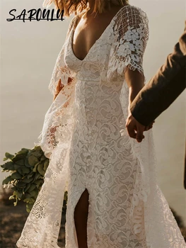 Бохемски Flare ръкав сватбена рокля страна цепка V врата дантела булката рокли изрязани булчински сватбена рокля плаж стил Vestidos де Нови