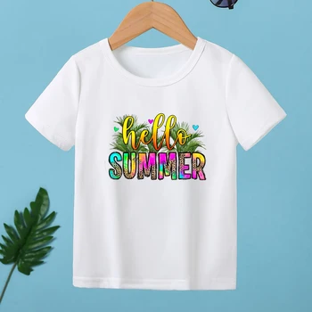Colorful Hello Summer Printed Детска тениска Girls Harajuku White Tee Tops Boys Seaside Beach Design Tshirt