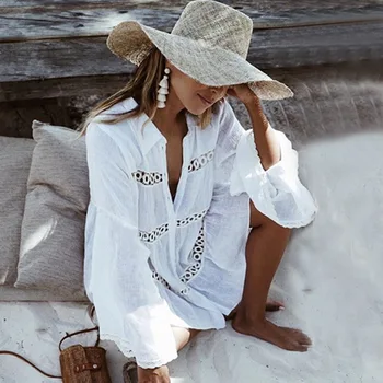 Гореща продажба нова памучна пластова дантелена риза стил тромпет ръкав плажна престилка слънцезащитен бански палто женска жилетка