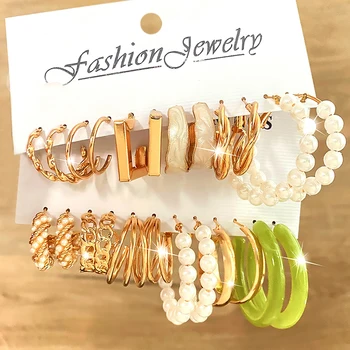 FNIO мода златен цвят метални обеци комплект за жена перла акрилен кръг геометричен обрат обръч обеци 2022 тенденция бижута подаръци