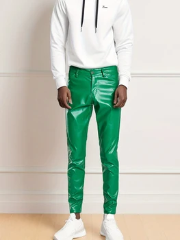 Лек мъжки зелен кожен панталон, подходящ за нощен живот и представления, модерен и тънък фит, секси и удобен