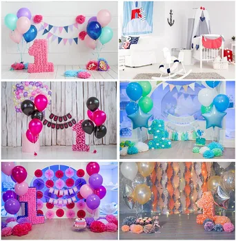 Цветни балони фон дървени дъски Честит 1-ви рожден ден парти декорация потребителски фонове фотографски торта Smash Supplies
