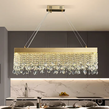 Правоъгълник доведе кристален полилей модерен луксозен кухненски остров декор трапезария окачване светлина неръждаема стомана таван дизайн