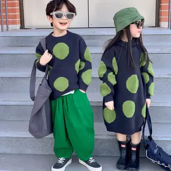 Пуловер есенни момчета момичета корейски точки вълнена прежда детски дрехи кръг врата с качулка плетене кръгла яка