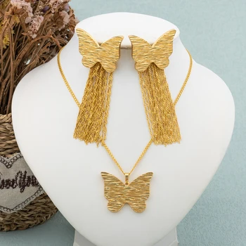 Дубай африкански пеперуда дизайн бижута комплект за жени златен цвят пискюл капка обеци италиански дама огърлица верига луксозни бижута