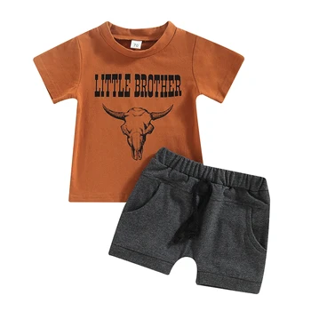 Малко дете бебе момче западни дрехи, къс ръкав графичен писмо печат тениска + шорти комплект