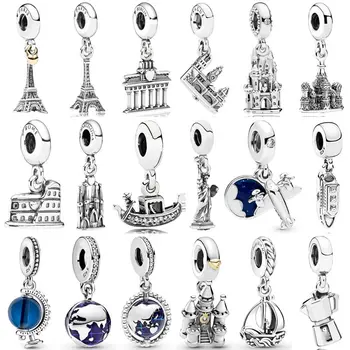 Нов 925 стерлинги сребърен чар Blue Globe Айфеловата кула Венеция гондола Regal Castle висулка топчета годни популярни гривна DIY бижута