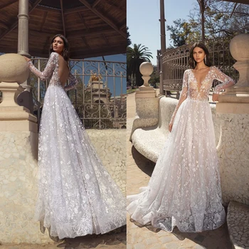 2020 Бална рокля сватбени рокли дантела апликация дълбоко v-образно деколте дълъг ръкав Vestido де Noiva по поръчка булчинска рокля