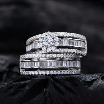 S925 Сребърни булчински комплекти пръстени жени снежинка ред диамантен пръстен комплект женски лъскав 5A циркон напреднали дизайн луксозни бижута момиче