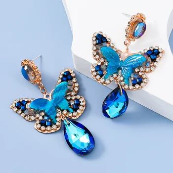 Fashion Metal Blue Rhinestone Butterfly Обеци Дамски елегантни прекрасни висящи обеци Банкет бижута аксесоари