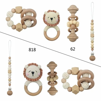 4Pcs/Set Бебешки дървени чесалки плетене на една кука плюшени животински пръстен музика дрънкалка гривна биберон верига бебе Монтесори подаръци