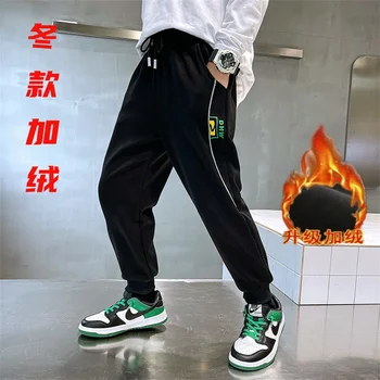 Fleece Pant for Kid Boys Winter Warm Thick Trousers Children Boy Corduroy Letter Print Casual Sport Pant for Teenagers