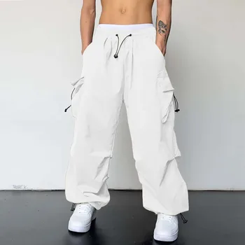 Мъжки четири сезона улична мода атлетичен мулти джоб карго панталони плътен цвят случайни шнур ластик дълги панталони