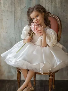 бебе момиче балон ръкав сатен принцеса рокля дете реколта мига Tutu Vestido парти рожден ден сватба изпълнява момичета дрехи