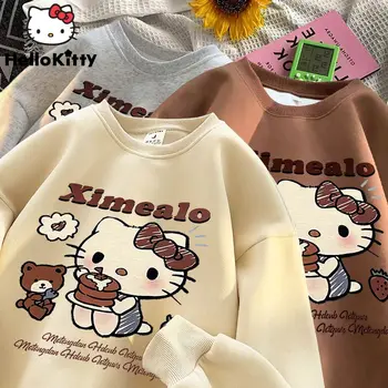 Sanrio Hello Kitty карикатура сладки дрехи Y2k дълъг ръкав мода суитчър японски кръг врата пуловер жени хлабав топ ризи