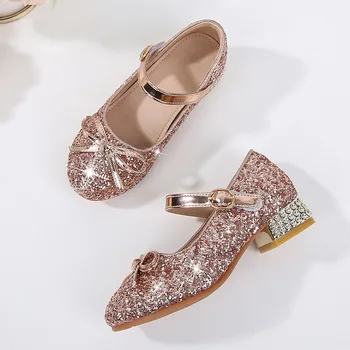 Детска мода момичета кожени обувки ниски токчета кристали лъскав елегантен принцеса обувки кука & контур шик сладък принцеса обувки