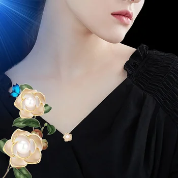 Луксозни дамски брошки за дрехи реколта женски брошка вълна камелия цвете перла брошка
