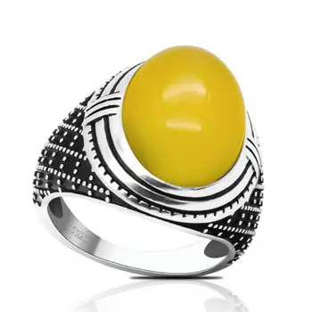 925 стерлинги сребърен пръстен мъже естествен жълт ахат камък ръчно изработени реколта сватба мъжки пръстен бижута