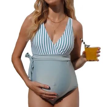 Бански костюми за бременни жени Premama раирани едно парче бременност бански секси v-образно деколте Colorblock плюс размер майчинство бански костюм