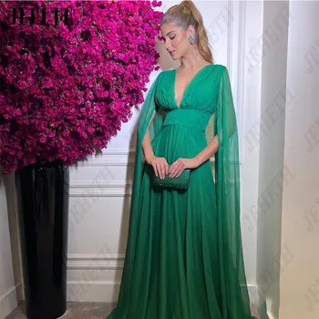 JEHETH Green Секси V-образно деколте Вечерна рокля Empire Chiffon A-Line Prom Party Dress Дължина на пода Класически Нов 2023 فساتين مناسبة رسمية