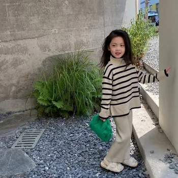 Есен Зима Ново детско облекло Корейски стил раиран пуловер с поло и широки панталони за крака Случаен прост комплект за момичета