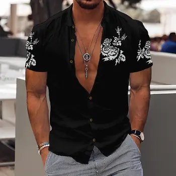 Модни ризи за мъже 3d флорални печатни плаж парти суитчър къси ръкави висококачествени мъжки дрехи хлабав извънгабаритни блуза