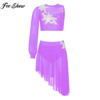 Girls Sheer Mesh Ballet Dance Clothes Set One Shoulder Long Sleeve Crop Top с пола Tutu Lyrical Dance Leotard Dancewear