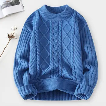 Мода дълъг ръкав мъже жени плетен пуловер дебел хлабав кръг врата топло плътен цвят усукана апликация зимни пуловери пуловер