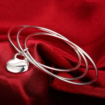Популярни марки Три кръга 6,5 см сърце гривна 925 стерлинги сребърни гривни за жени мода парти двойка подаръци бижута