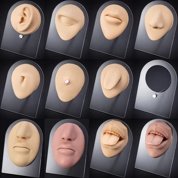 Мек силиконов човешки уста нос ухо език модел симулация лице модел с дисплей стойка пиърсинг бижута дисплей инструмент за преподаване