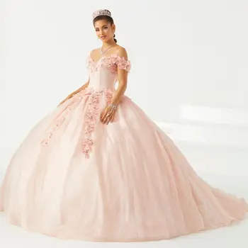 Pink Charro Quinceanera рокли топка рокля от рамото тюл флорални подпухнали мексикански сладки 16 рокли 15 Anos