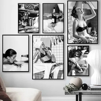 Стенно изкуство платно живопис шампанско кафе вино Париж момиче черно бяло хол декорация плакати и отпечатъци стена снимки