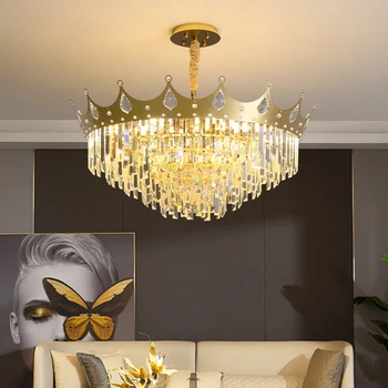 Модерна кристална кръгла златна корона полилей луксозна лампа за хол спалня модел стая вила дуплекс етаж висящи светлина