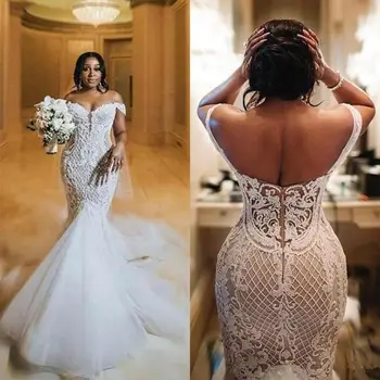Африканска луксозна сватбена рокля с рибена опашка, носена от булки русалка тромпет сватбени рокли