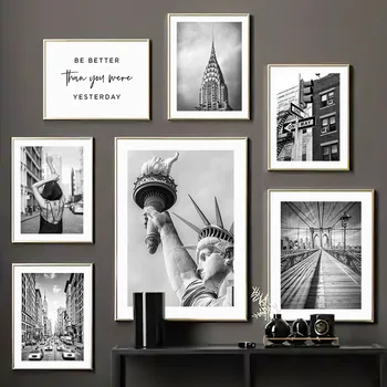 Ню Йорк Статуята на свободата Бруклинския мост Черно бяло Начало декор плакат и печат стена изкуство платно живопис хол снимки