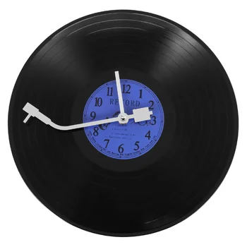 Кварцов кръгъл ретро стенен часовник Арт дизайн Кухня Всекидневна Декорация на дома Винил Рекорден часовник син + черна пластмаса