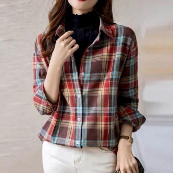 Карирани ризи за жени Polo-врата извънгабаритни четка жилетка дълъг ръкав случайни корейски стил еднореден блуза жените върховете