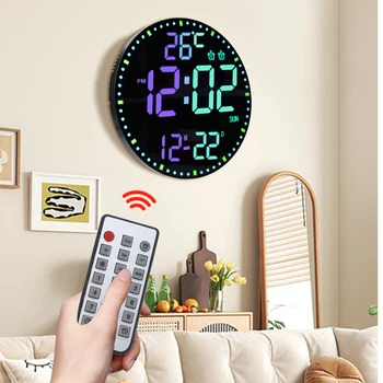 RGB кръгъл LED стенен часовник цифрова температура дата дисплей безшумен часовник хол спалня стена декор с дистанционно управление