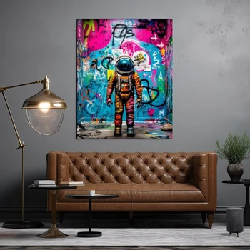 Астронавт графити стена изкуство платно живопис модерен улично изкуство плакат отпечатъци цветни космонавт снимки стена декор за дома