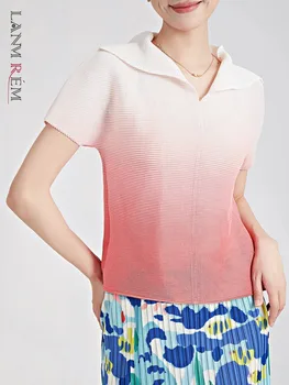 LANMREM градиент плисирана тениска за жени ревера къси ръкави мода тънки върхове случайни женски дрехи 2024 лято нов 2DA3202