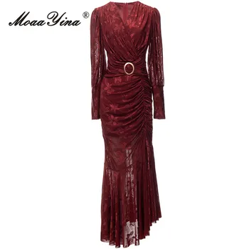 MoaaYina есен моден дизайнер вино червено реколта русалка рокля жените V врата O пръстен къдри пакет задните части тънък дълга рокля