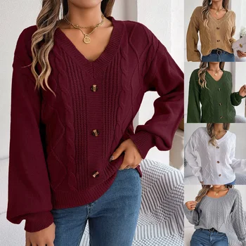 Дамски пуловери фенер ръкав V врата плътен цвят бутон плетени пуловери хлабав годни Есен 2023 High Street раирани джъмпери