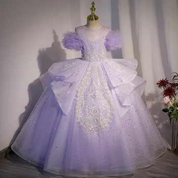 Виолетова топка рокля бебе цвете момиче рокли пайети тюл деца сватба рожден ден парти абитуриентски рокли