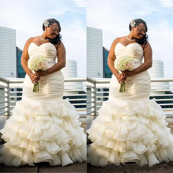 Африкански плюс размер сватбена рокля русалка 2023 Vestido De Noiva Sweetheart Ruffle Organza булчински рокли за черни момичета жени
