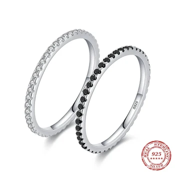 1PCS Real 925 стерлинги сребро ясно черен цирконий стифиране пръстени за жени момичета модерен сребърен пръст пръстен страна фини бижута