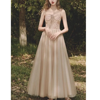 шампанско Елегантна вечерна рокля Апликация за спагети Обратно дантела нагоре глезена дължина A-line мода принцеса рокля Абитуриентска парти рокля 2023