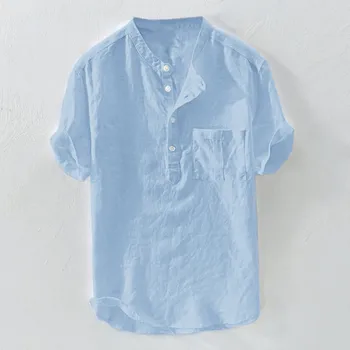 Hawai памучна ленена риза мъжки летни дишащи плътни цветни бутони яка къс ръкав поло ризи голям размер 3xl-6xl ризи