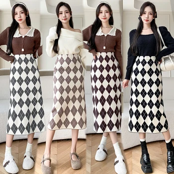 Есен Зима карирана плетена пола жени Midi дълга пола A-LINE тънък корейски мода OL офис дами работа пола