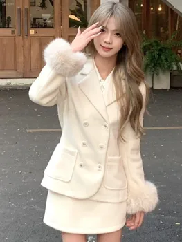 Елегантен комплект от 2 части дамски нетактичност Fuax кожа пачуърк дълъг ръкав яке мини пола плътен костюм есен зима корейски ежедневни екипи